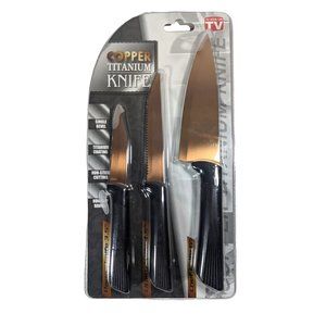 Copper Titanium Knives Set of 3 Single Bevel Nonstick Nonslip Handles New in Pac